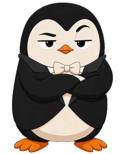 The House, a penguin in a tuxedo, arms crossed