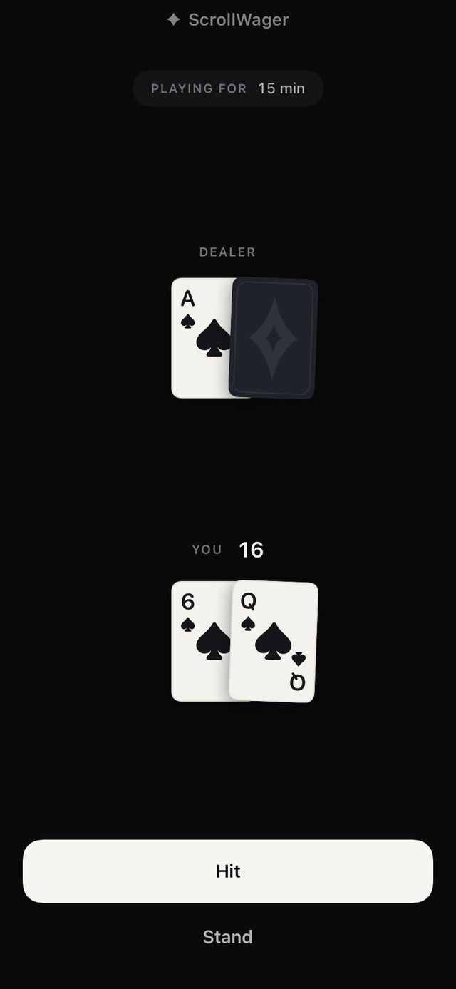 Blackjack hand, playing for 15 minutes