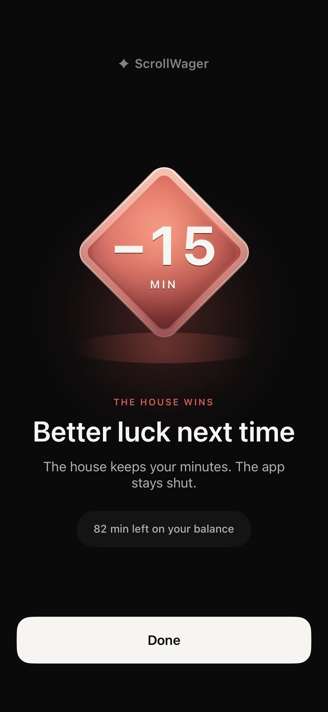 Loss screen: minus 15 minutes. The House wins. Better luck next time. The house keeps your minutes. The app stays shut. 82 min left on your balance.